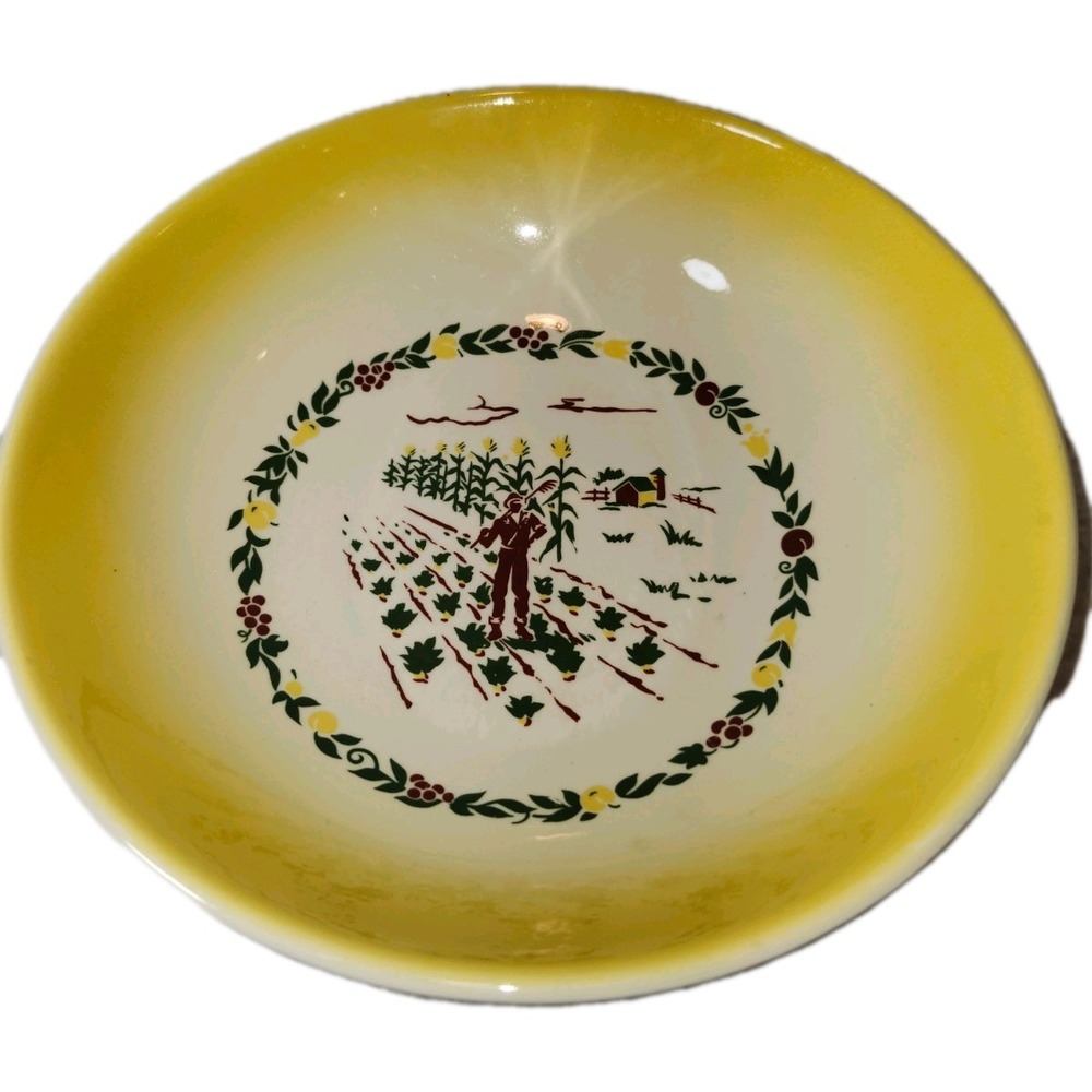 Vintage Salem Grant Crest COUNTRY CHARM Yellow Farm 9" Serving Bowl ~
